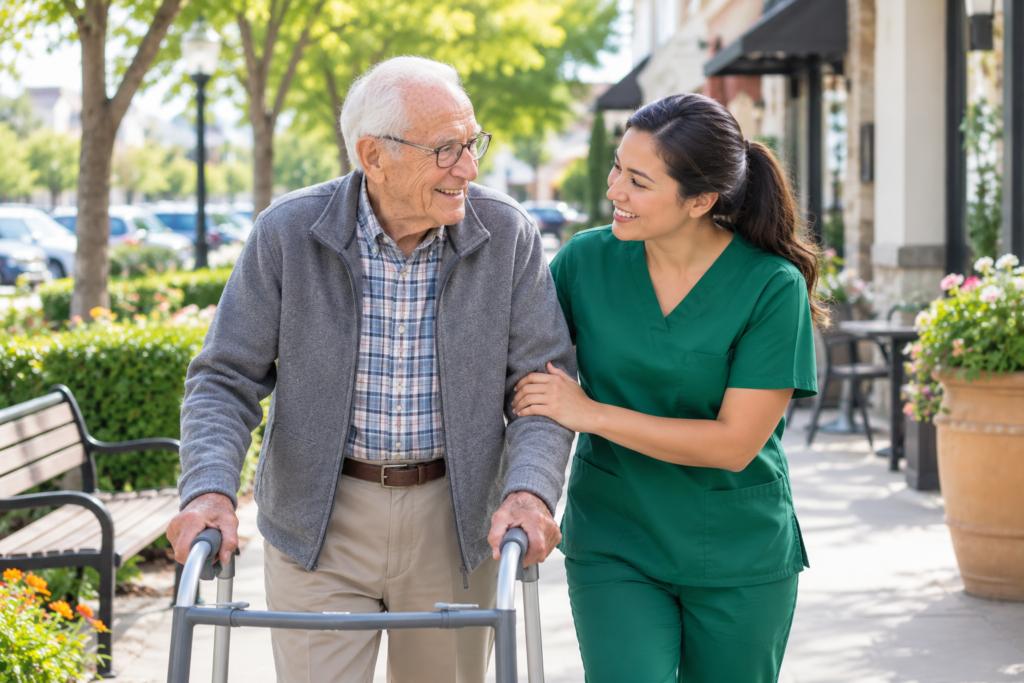 An elderly man using a walker is assisted by a smiling woman in green scrubs as they walk outdoors on a sunny day, surrounded by trees and shops.