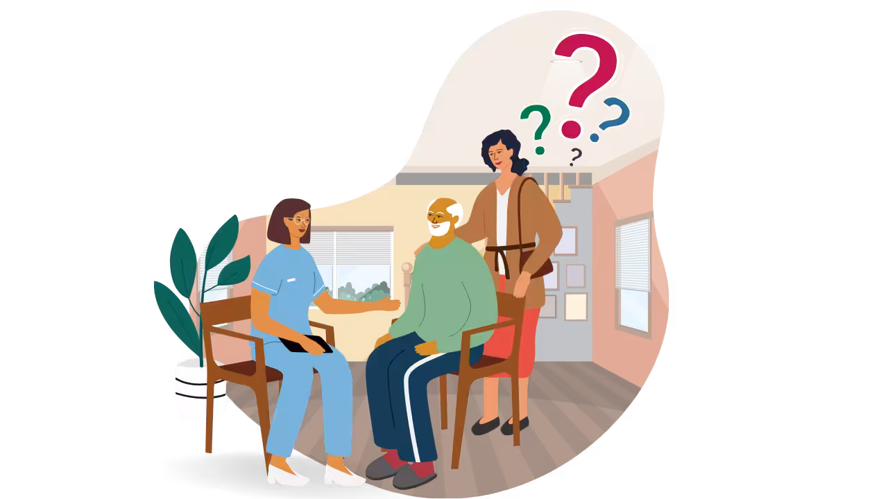 An elderly man sits in a chair smiling at a nurse, while a concerned woman stands behind him with question marks above her head, suggesting confusion or uncertainty. The setting is a cozy, well-lit room with plants and windows.