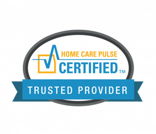 Home Care Pulse Certified Trusted Provider badge with a checkmark and a blue ribbon, indicating certification and trustworthiness in home care services.