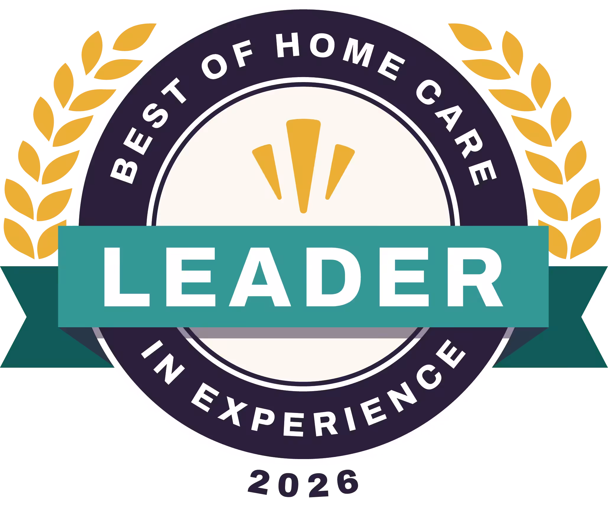 A round badge with gold laurel leaves, a green ribbon labeled LEADER, and text reading Best of Home Care – Leader in Experience 2026.