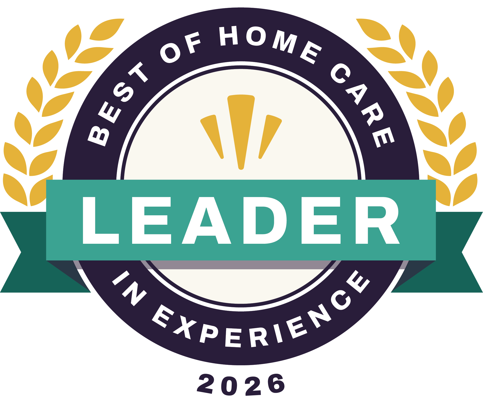 A round badge with gold laurel leaves, a green ribbon labeled LEADER, and text reading Best of Home Care – Leader in Experience 2026.
