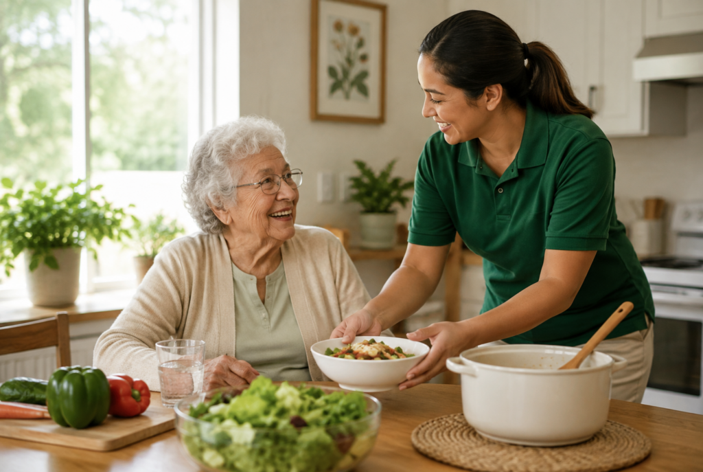 A caregiver in a green shirt serves a smiling elderly woman a bowl of food at a kitchen table, with a salad, vegetables, and cooking pot visible.