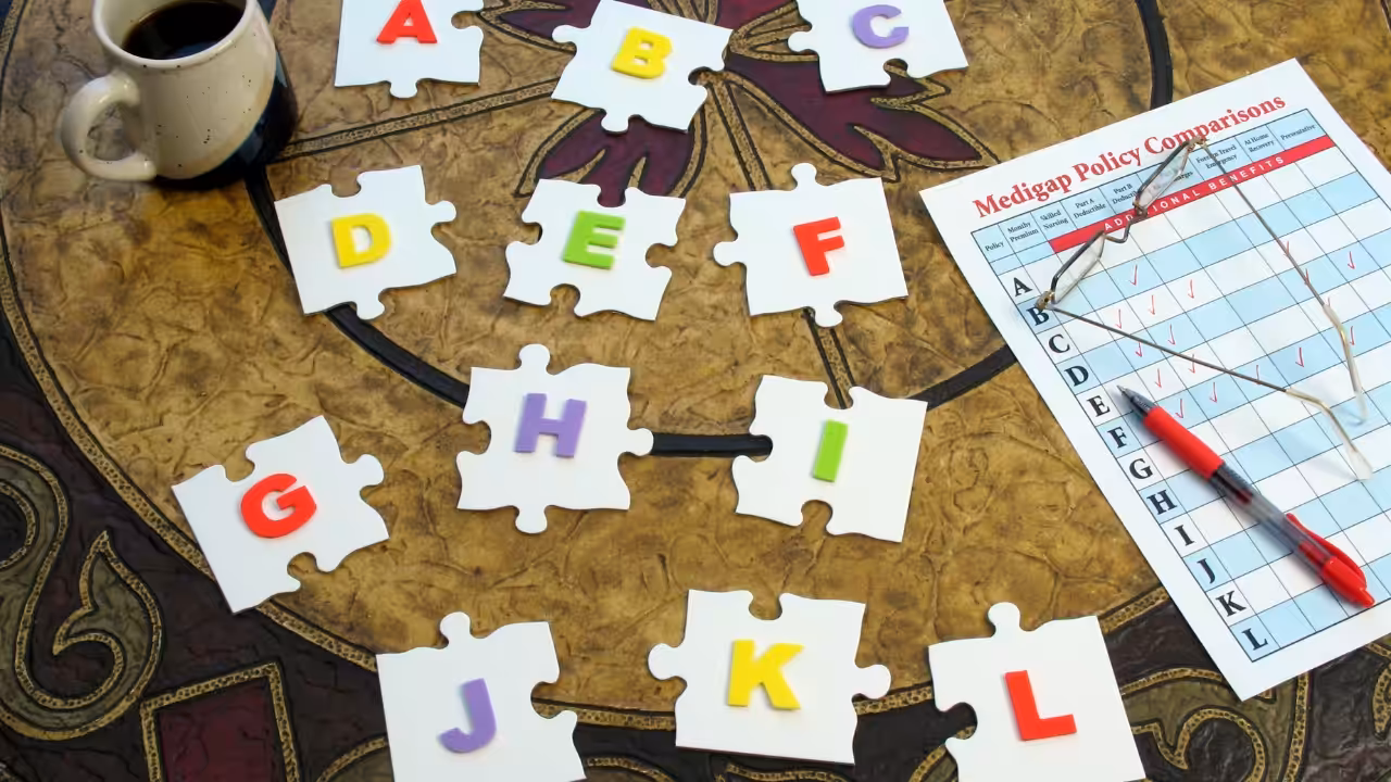 A table with puzzle pieces labeled A to L, a cup of coffee, a red pen, glasses, and a Medigap Policy Comparisons chart comparing lettered insurance plans.