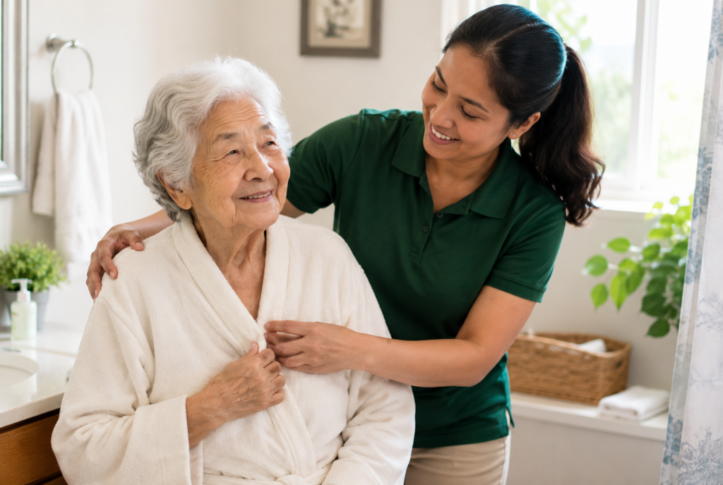 A caregiver in a green shirt helps an elderly woman wearing a white robe in a bright bathroom. Both are smiling, and the caregiver gently adjusts the robe while standing behind the seated woman.