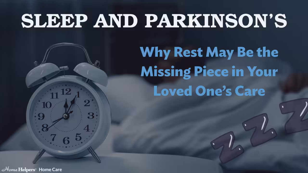 A bedside clock shows 10:09 next to a bed with a blurred figure lying down. Text reads: “Sleep and Parkinson’s: Why Rest May Be the Missing Piece in Your Loved One’s Care.” A cartoon Zzz symbol is in the foreground.