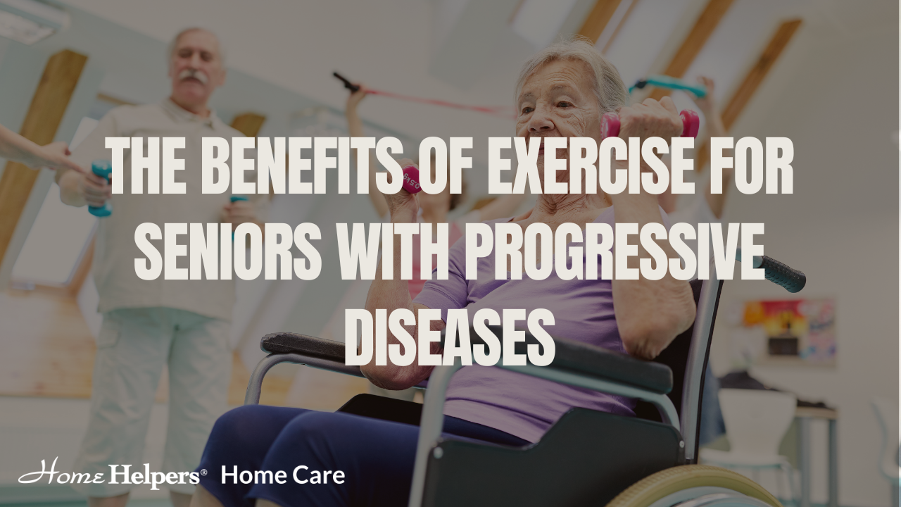 An elderly woman in a wheelchair lifts dumbbells in a bright room while others exercise in the background. Text over image reads: The benefits of exercise for seniors with progressive diseases.
