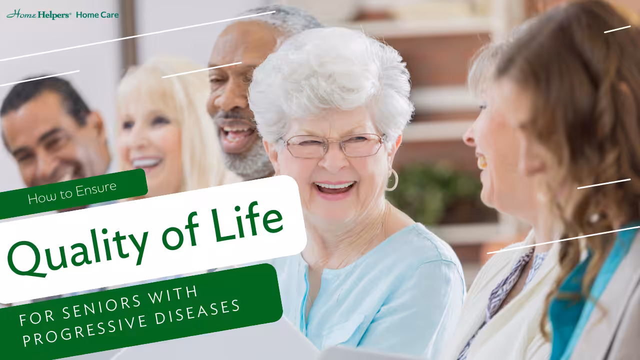 A group of smiling seniors and caregivers gather together. Text overlay reads: “How to Ensure Quality of Life for Seniors with Progressive Diseases.” The mood is cheerful and supportive.