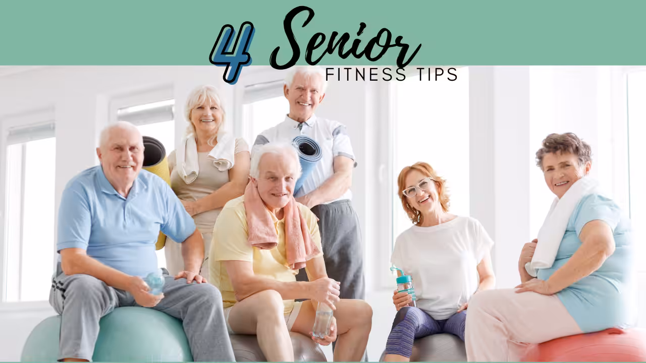 Six smiling senior adults in workout clothes sit on exercise balls and mats in a bright fitness studio, holding water bottles and towels. Text above reads 4 Senior Fitness Tips.