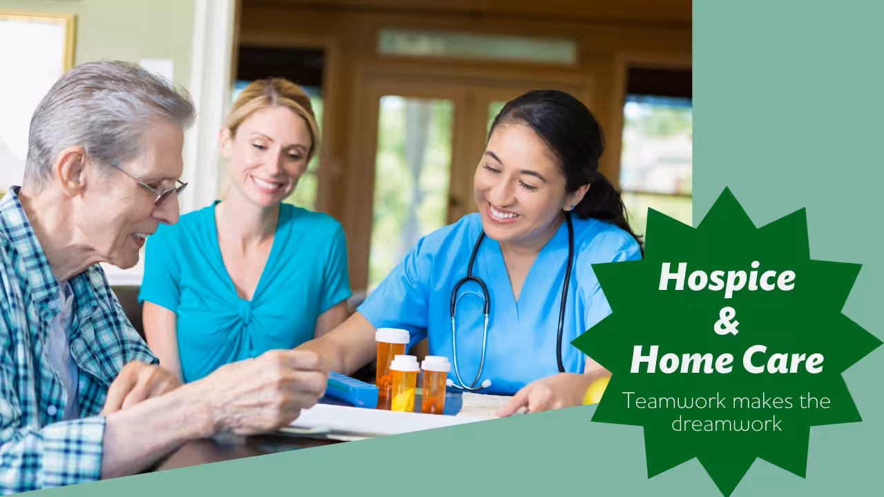 A nurse and a caregiver smile while assisting an elderly man with medication at home. Text on the image says, “Hospice & Home Care. Teamwork makes the dreamwork.”.