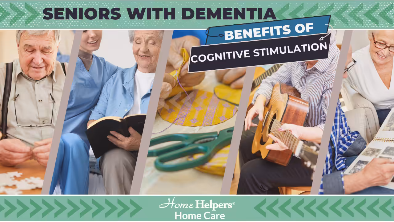 A collage shows seniors with dementia engaging in activities like puzzles, reading with a caregiver, arts and crafts, playing guitar, and looking at photos. Text reads: Seniors with Dementia: Benefits of Cognitive Stimulation.