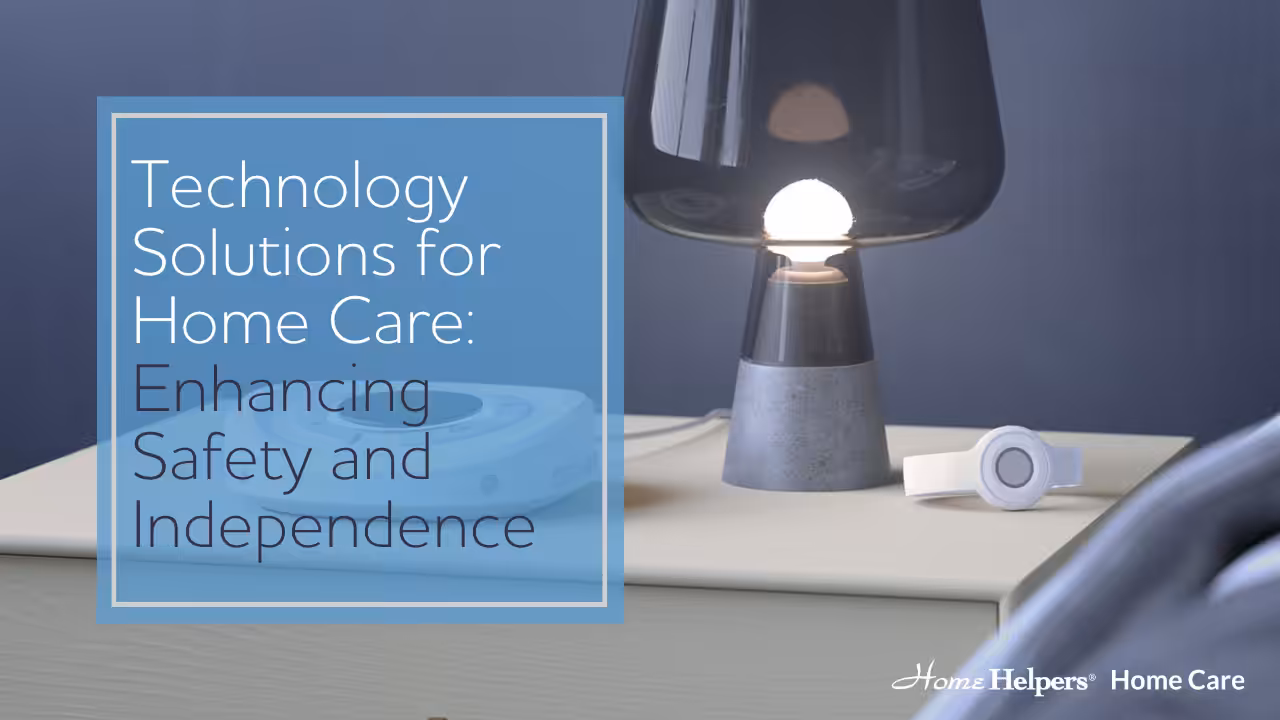 A nightstand with a lamp, a medical alert device, and the text Technology Solutions for Home Care: Enhancing Safety and Independence. Home Helpers Home Care logo appears in the bottom right corner.