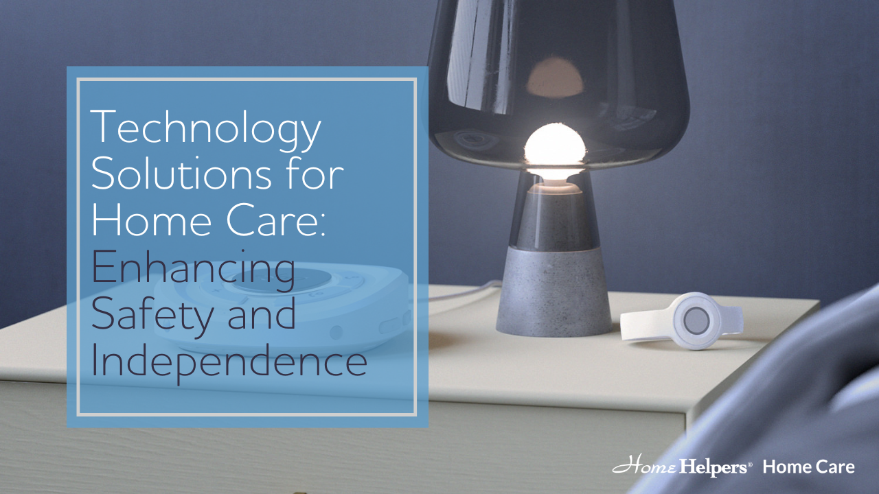 A nightstand with a lamp, a medical alert device, and the text Technology Solutions for Home Care: Enhancing Safety and Independence. Home Helpers Home Care logo appears in the bottom right corner.