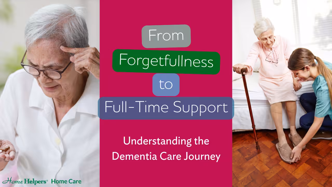 Split image: Left shows an elderly woman with glasses looking down and touching her temple. Right, another elderly woman with a cane sits on a bed while a caregiver helps put on her shoe. Center text discusses dementia care journey.
