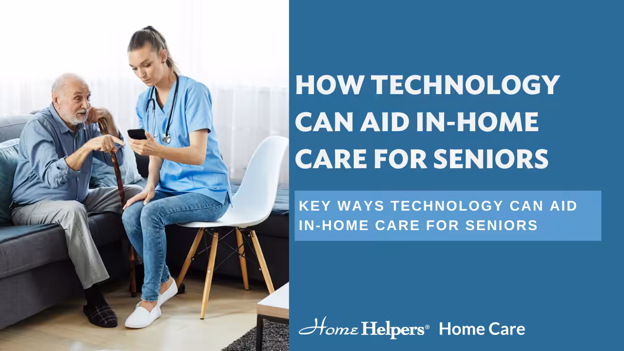 A nurse in blue scrubs shows a smartphone to an elderly man sitting on a couch. The text reads: How technology can aid in-home care for seniors. Key ways technology can aid in-home care for seniors.