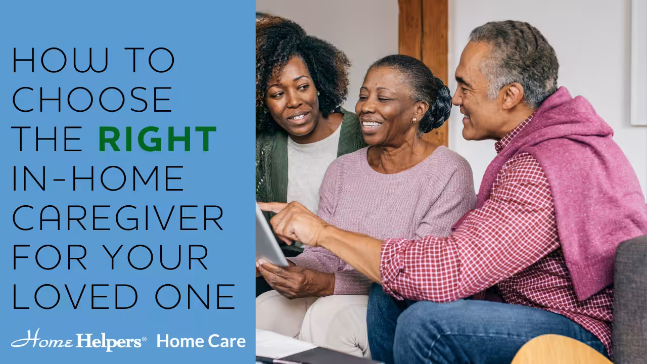 Three people, including an elderly woman, sit together smiling and looking at a laptop. The text beside them reads, How to choose the right in-home caregiver for your loved one. Home Helpers Home Care.