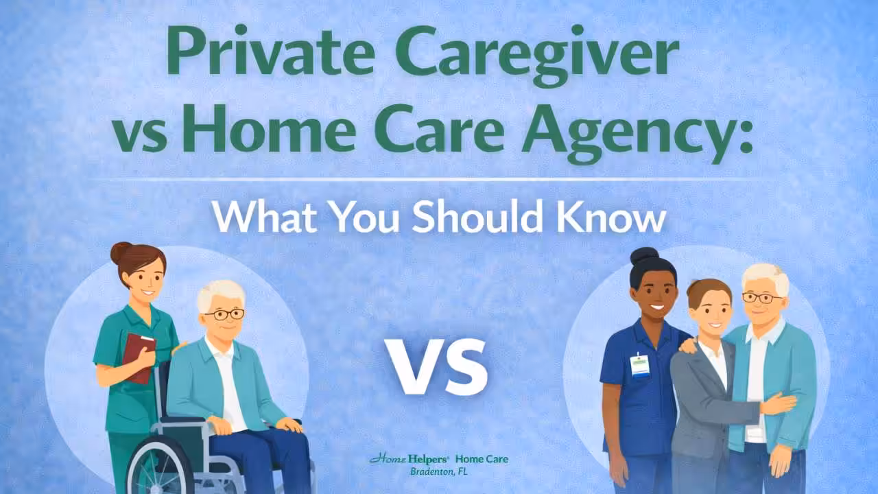 Illustration comparing private caregivers and home care agencies, showing a caregiver with an elderly man in a wheelchair on the left, and agency staff helping an elderly couple on the right. Text reads, Private Caregiver vs Home Care Agency: What You Should Know.