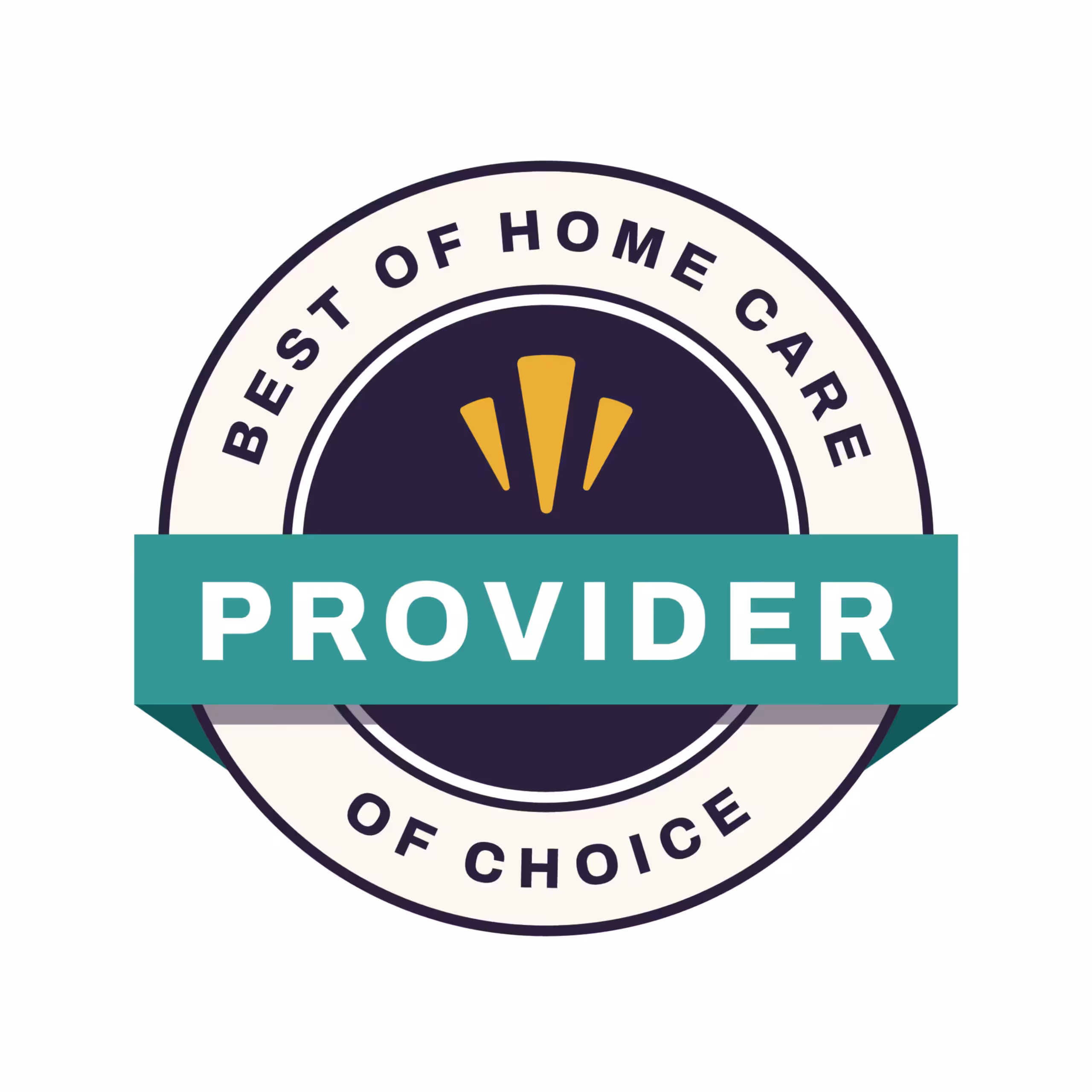 Circular badge with the words Best of Home Care at the top and Of Choice at the bottom. A green banner across the center displays the word Provider. Three yellow lines appear above the banner.