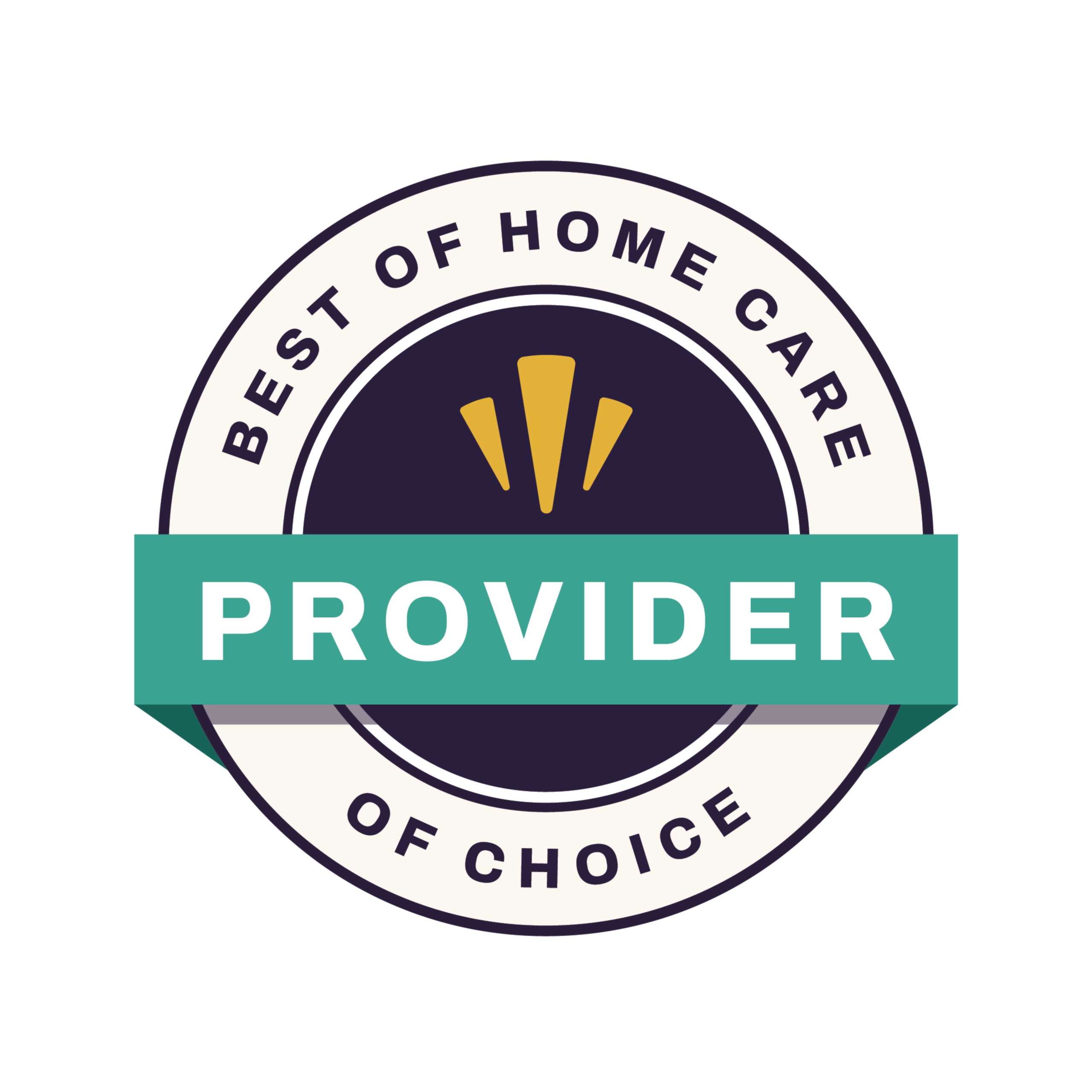 Circular badge with the words Best of Home Care at the top and Of Choice at the bottom. A green banner across the center displays the word Provider. Three yellow lines appear above the banner.
