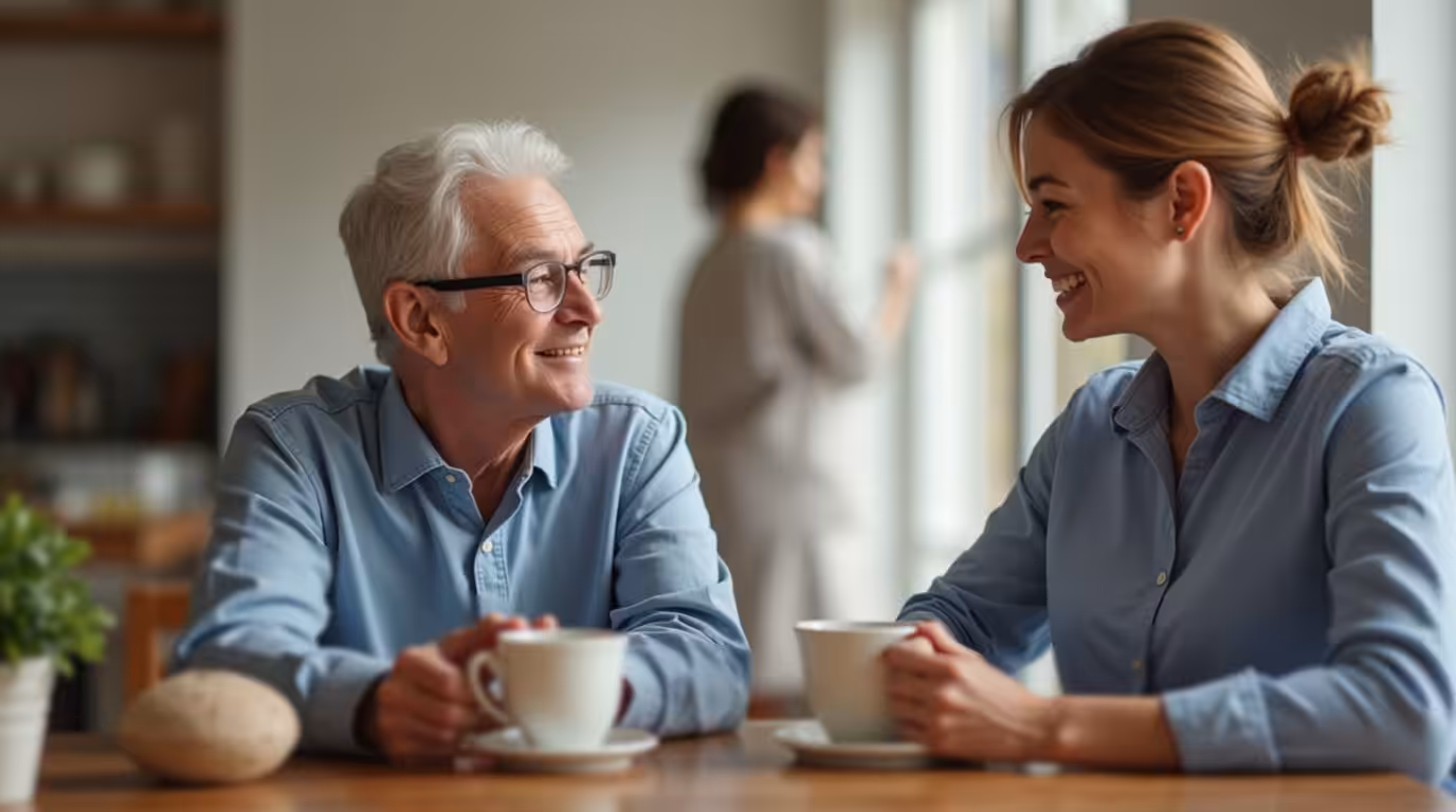 An older man and a younger woman sit at a table, smiling and holding coffee cups. A woman stands by the window in the background. The setting is bright and cozy, suggesting a warm, pleasant conversation.