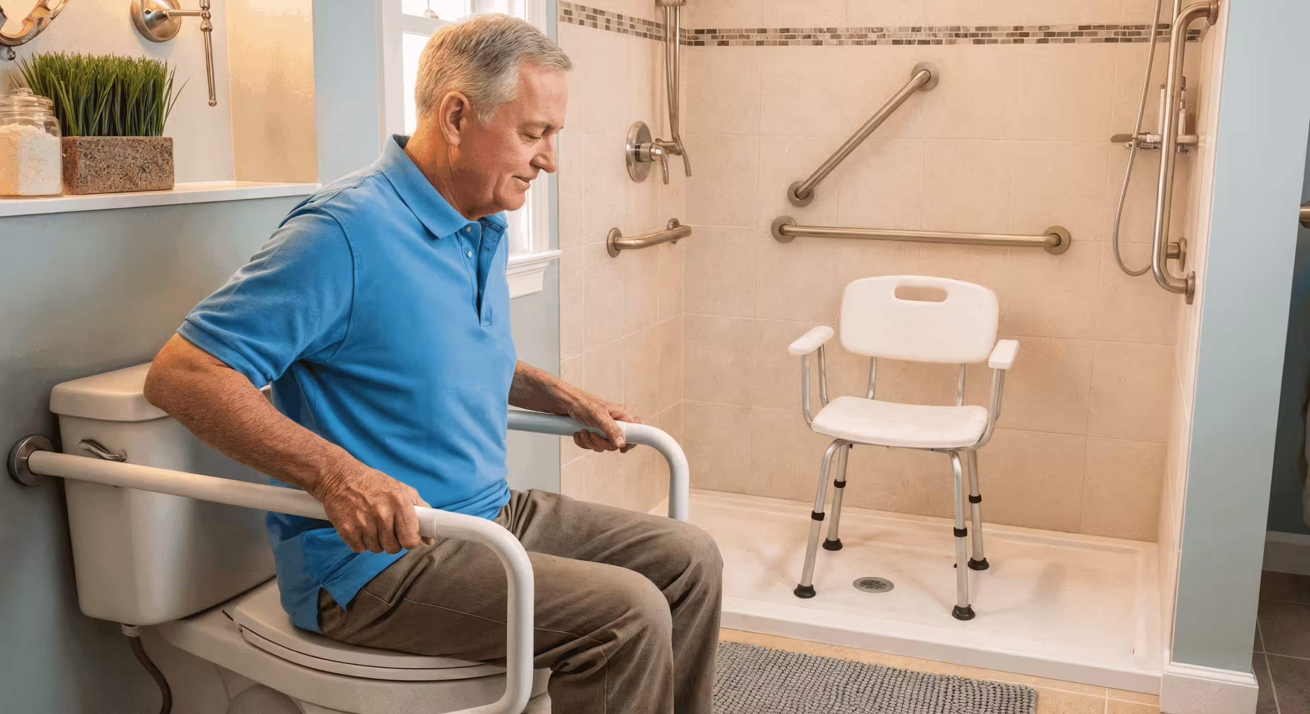 An older man sits on a toilet with safety rails in a bathroom. The room features a walk-in shower equipped with grab bars and a shower chair, designed for accessibility and support.