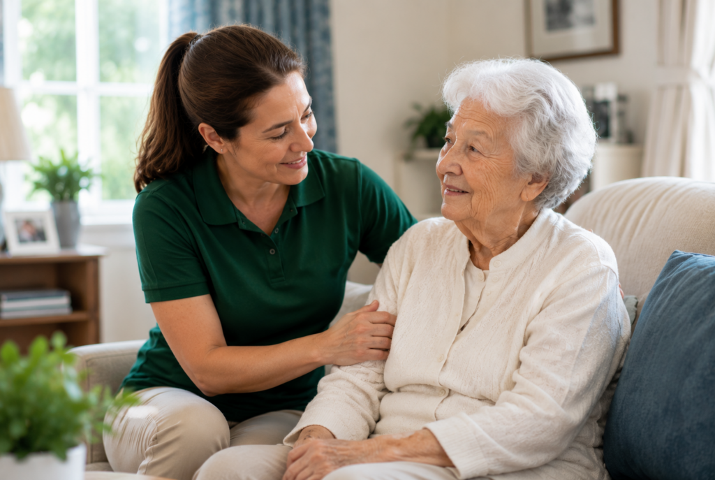 A smiling caregiver in a green shirt sits beside an elderly woman on a couch, gently holding her arm. They appear happy and engaged, with a bright, homey living room in the background.