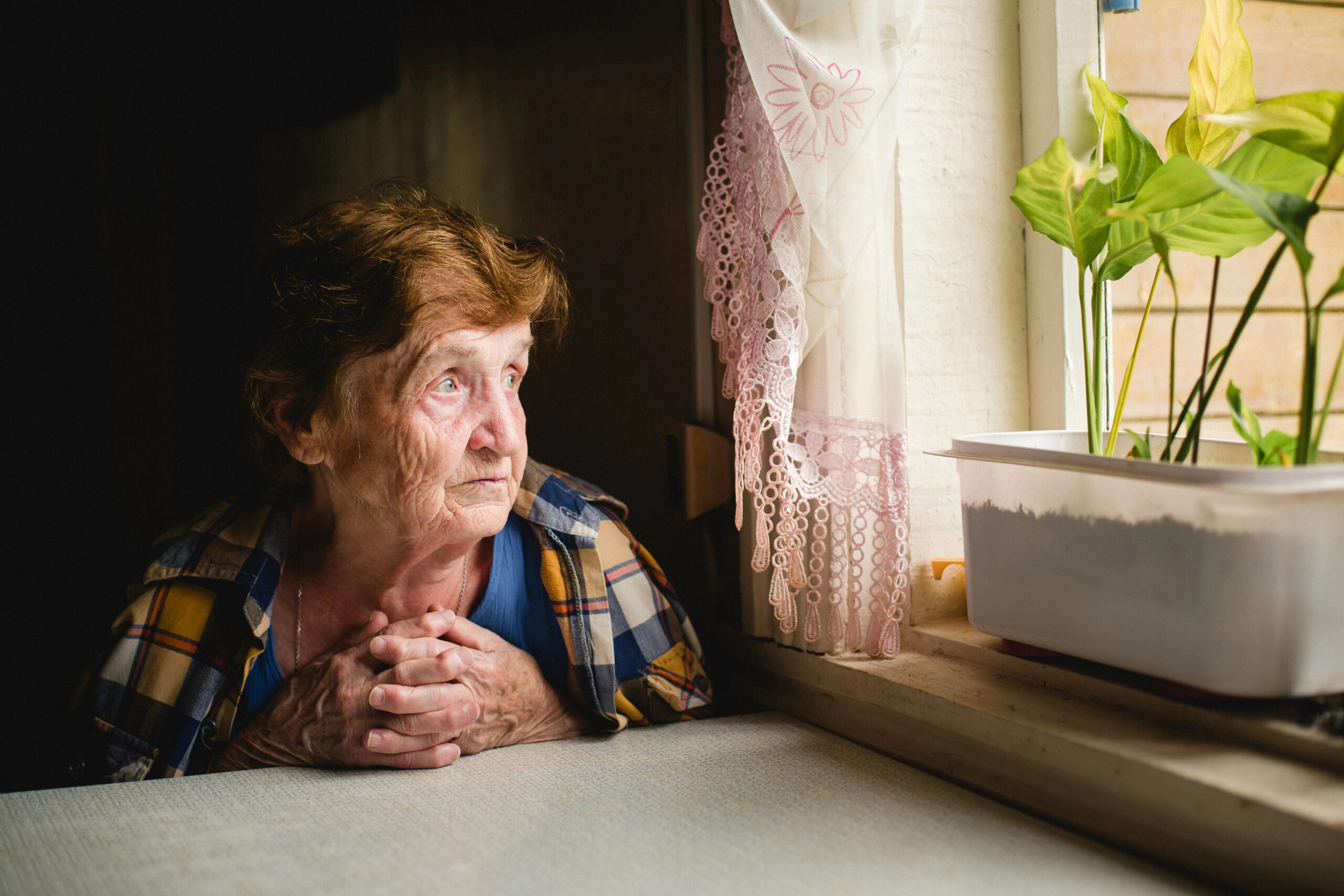 An elderly woman with light skin and short brown hair sits at a table, looking thoughtfully out a sunlit window. Her hands are clasped, and a potted plant sits on the windowsill beside her.