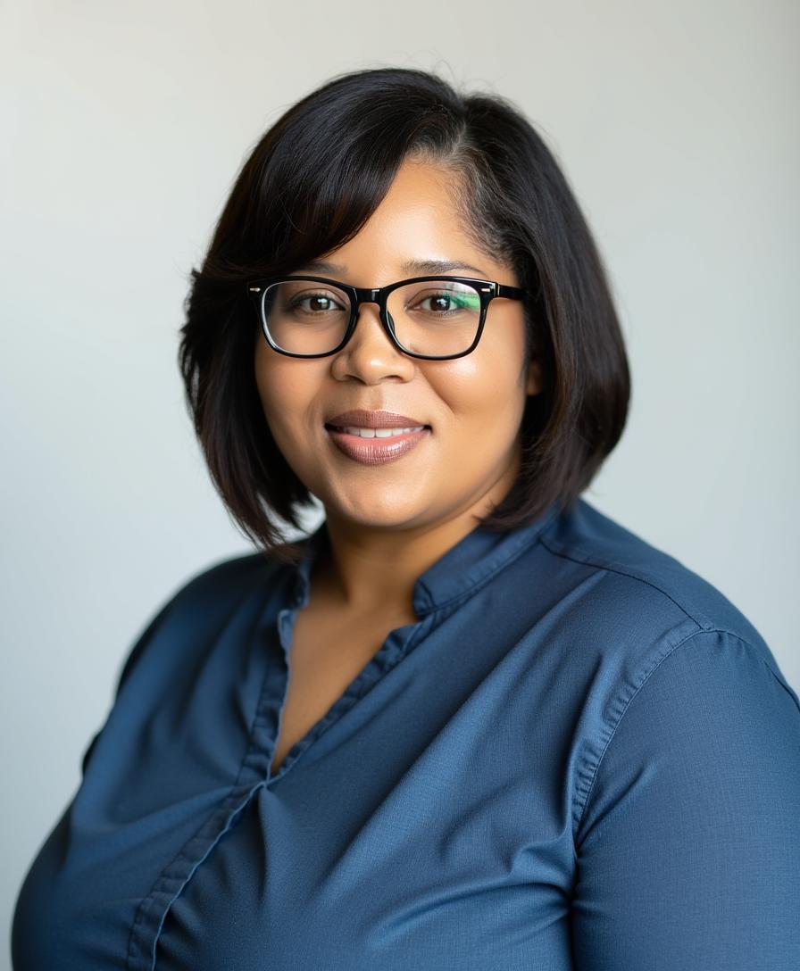A woman with shoulder-length dark hair, wearing glasses and a navy blue blouse, smiles softly in front of a plain light background.
