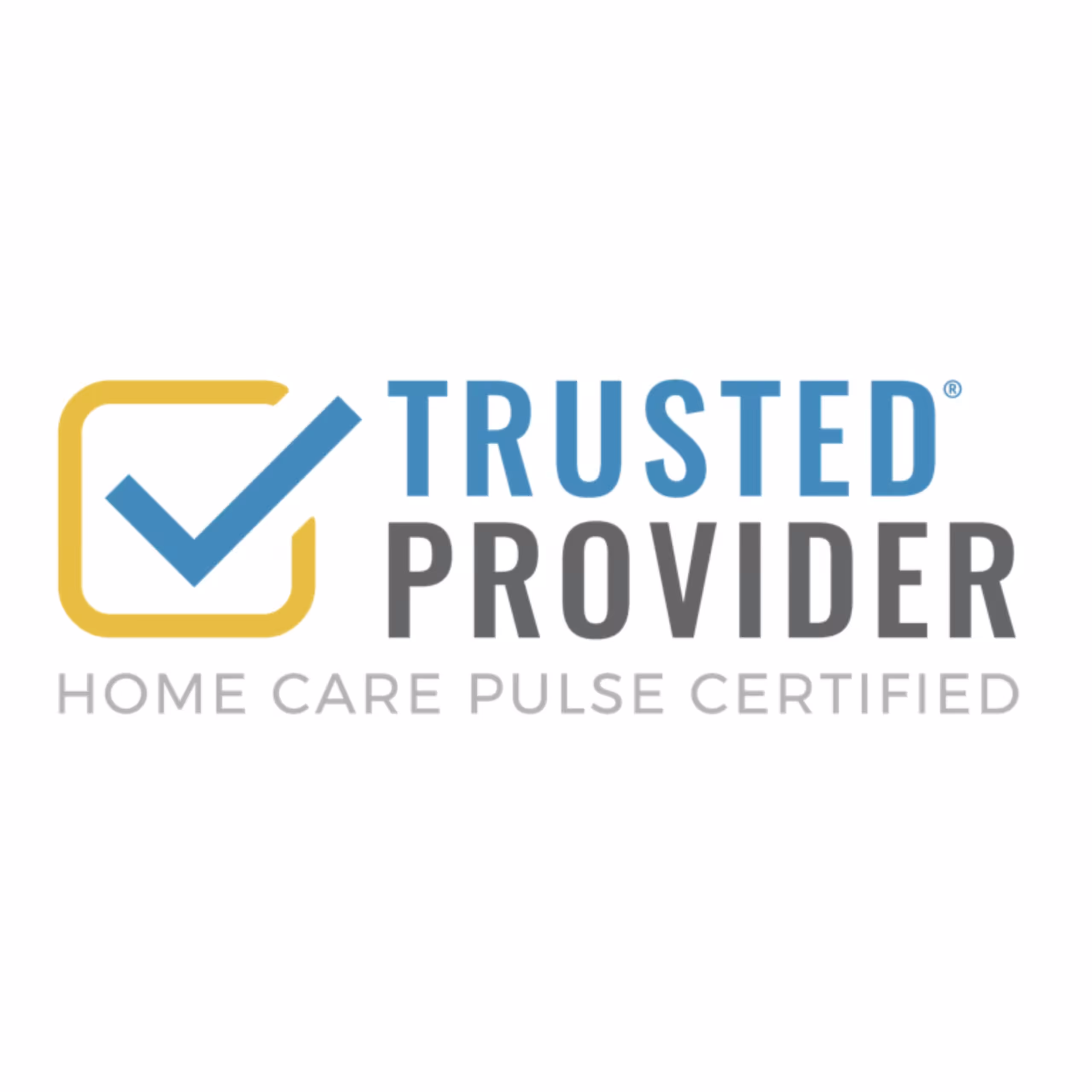 A logo with a yellow checkmark inside a square, next to the words TRUSTED PROVIDER in blue and gray, and HOME CARE PULSE CERTIFIED written below in light gray.