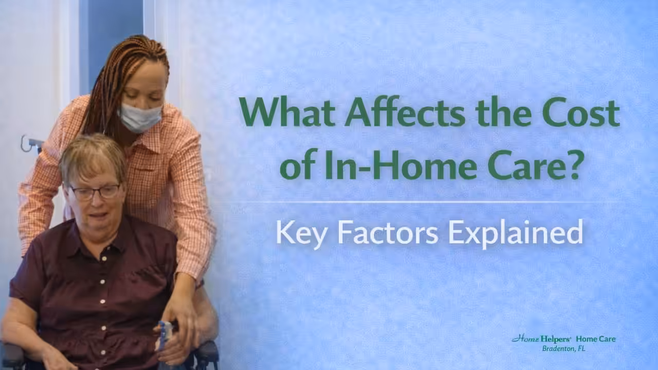 A caregiver in a mask assists an elderly woman in a wheelchair. Text beside them reads: What Affects the Cost of In-Home Care? Key Factors Explained. Logo at bottom right says Home Helpers Home Care, Bradenton, FL.