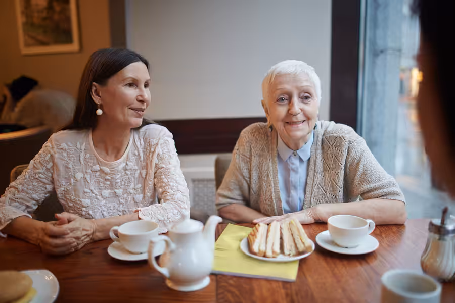 Two older women sit at a café table with cups of tea and a plate of sandwiches, smiling and talking together. A teapot and sugar dispenser are also on the wooden table.