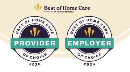 Two circular badges labeled Best of Home Care of Choice 2026 display the titles Provider and Employer in green banners. The Best of Home Care logo appears above the badges.