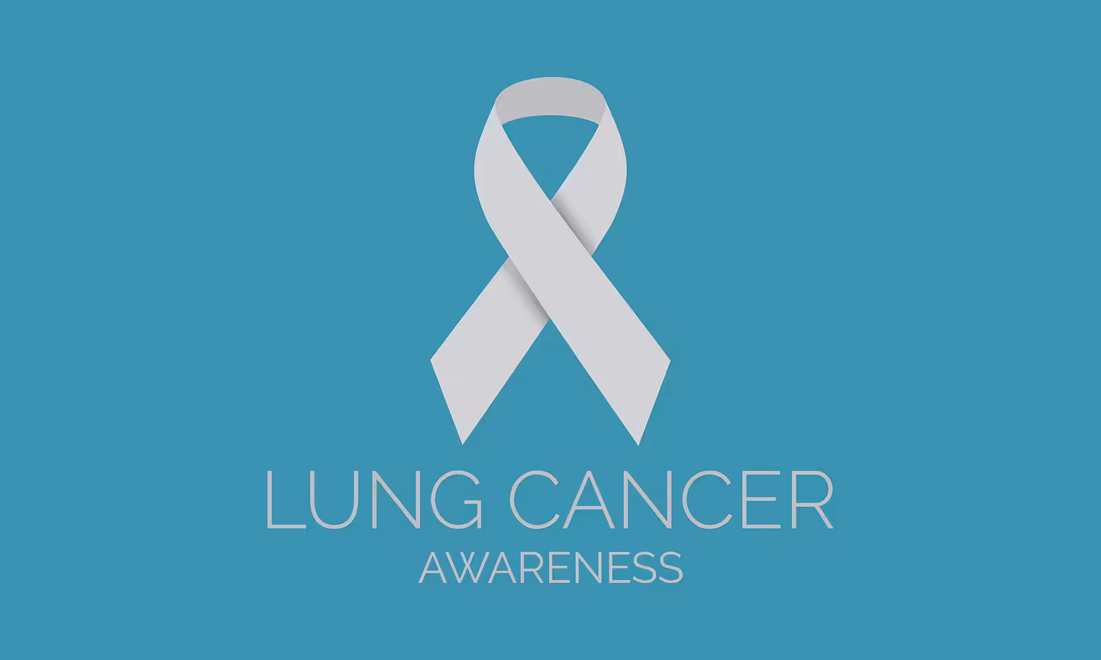 A white ribbon symbolizing lung cancer awareness is centered on a blue background, with the words LUNG CANCER AWARENESS written below in white text.