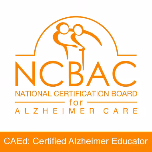 NCBAC logo with two abstract figures and the text: National Certification Board for Alzheimer Care. Below, an orange bar reads: CAEd: Certified Alzheimer Educator.