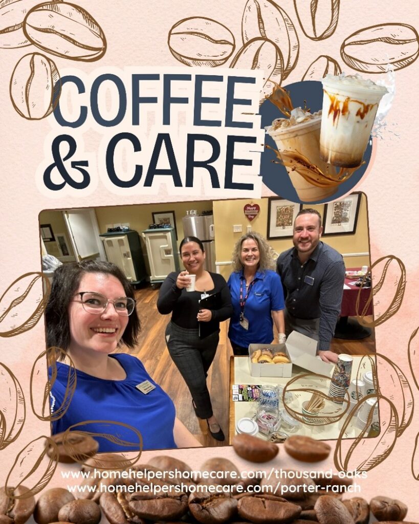 Four smiling people stand around a table with pastries and drinks at a “Coffee & Care” event. The background features coffee beans and iced coffee graphics, with website links displayed along the bottom.