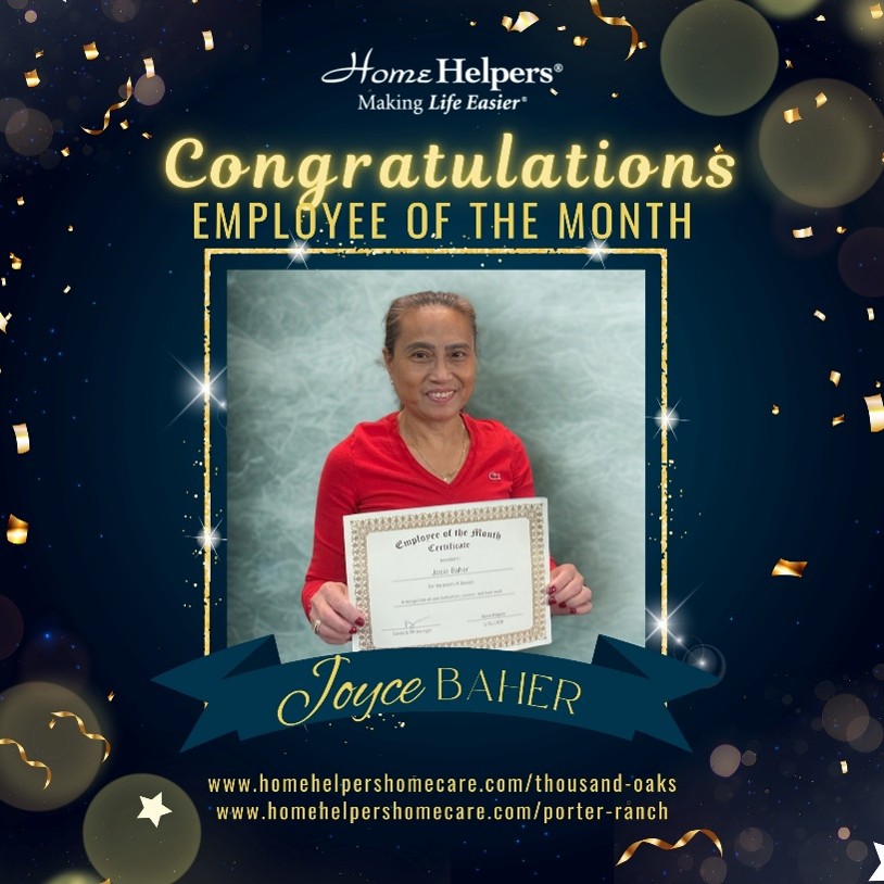 A smiling woman holding a certificate stands in front of a blue and gold starry background with the text Congratulations Employee of the Month Joyce Baher and website links at the bottom.