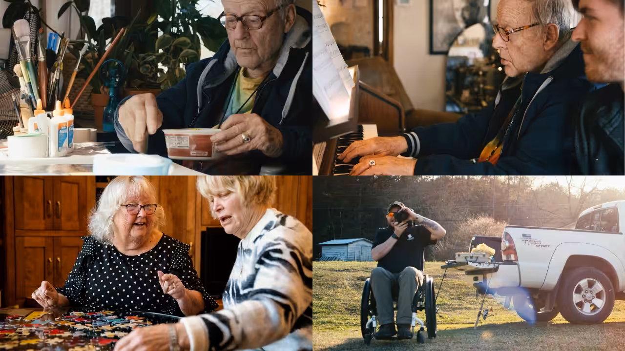 A collage of four scenes: an elderly man doing crafts, the same man playing piano with a younger person, two elderly women working on a puzzle, and a man in a wheelchair using a tool near a pickup truck outdoors.