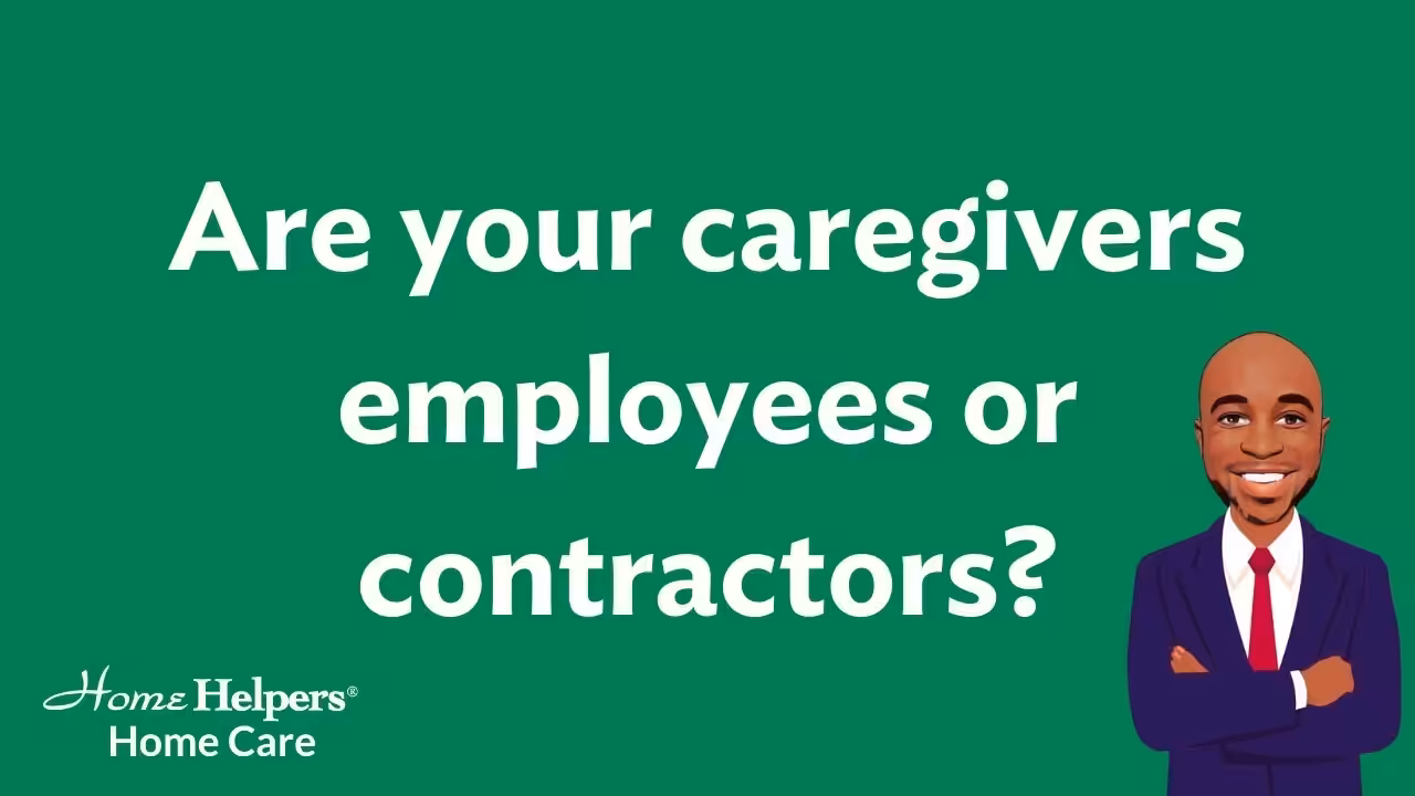 White text on a green background reads, Are your caregivers employees or contractors? At the bottom right, there is a cartoon man in a suit. The Home Helpers Home Care logo is at the bottom left.