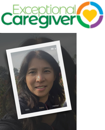 A logo reading “Exceptional Caregiver” with a multicolored heart. Below, a woman with dark hair smiles, holding or posing behind a photo of herself with a camera interface overlay.