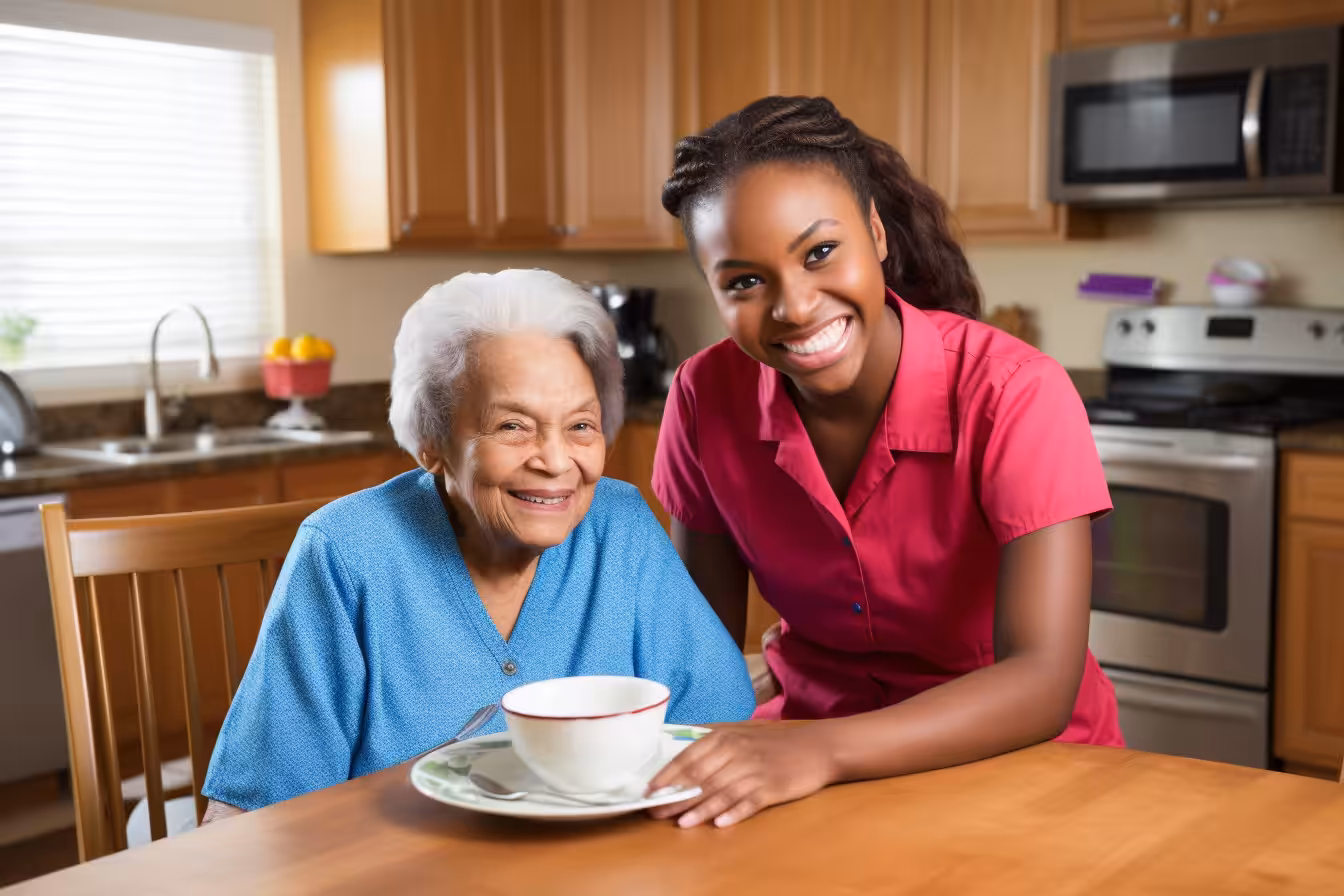 A smiling elderly woman in a blue robe sits at a kitchen table with a caregiver in a pink uniform, both looking happy. A cup and saucer are on the table in front of them. The background shows a bright, modern kitchen.