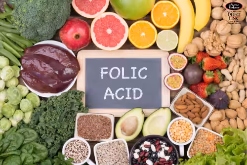 A chalkboard with Folic Acid written on it is surrounded by various foods rich in folic acid, including leafy greens, citrus fruits, avocados, nuts, beans, bananas, strawberries, and pomegranate.