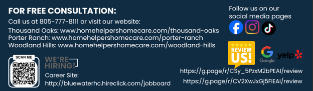 Informational banner with contact details for Home Helpers Home Care, including phone number, website links for three locations, social media icons, a QR code, job board link, and review links for Google and Yelp.