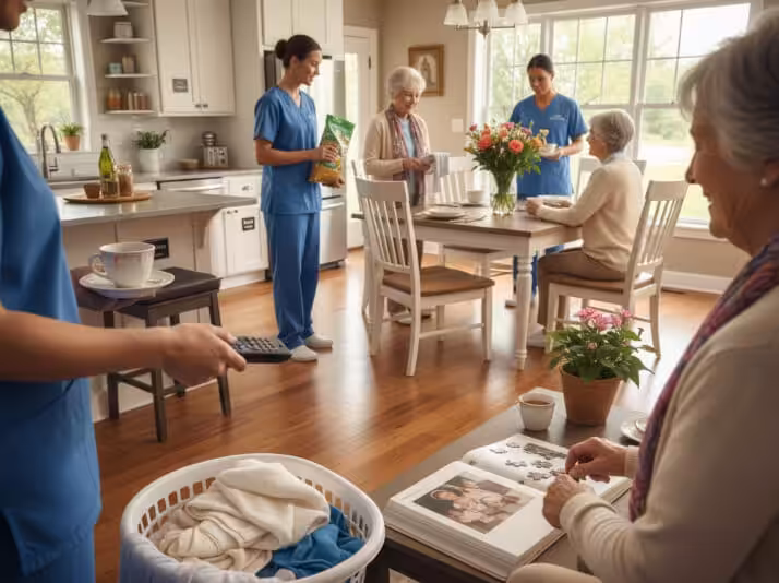 Several elderly women interact with caregivers in blue scrubs inside a bright, cozy kitchen. One caregiver holds a remote, another carries laundry, while seniors read, do puzzles, and chat at the table.