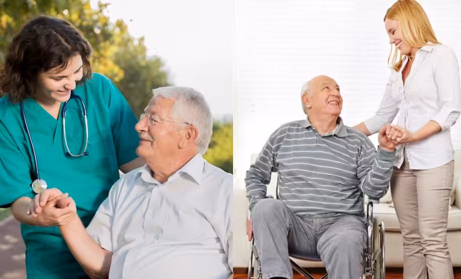 Two elderly men, one outdoors smiling with a healthcare worker, and one indoors in a wheelchair holding hands with a younger woman, both receiving supportive care and attention.