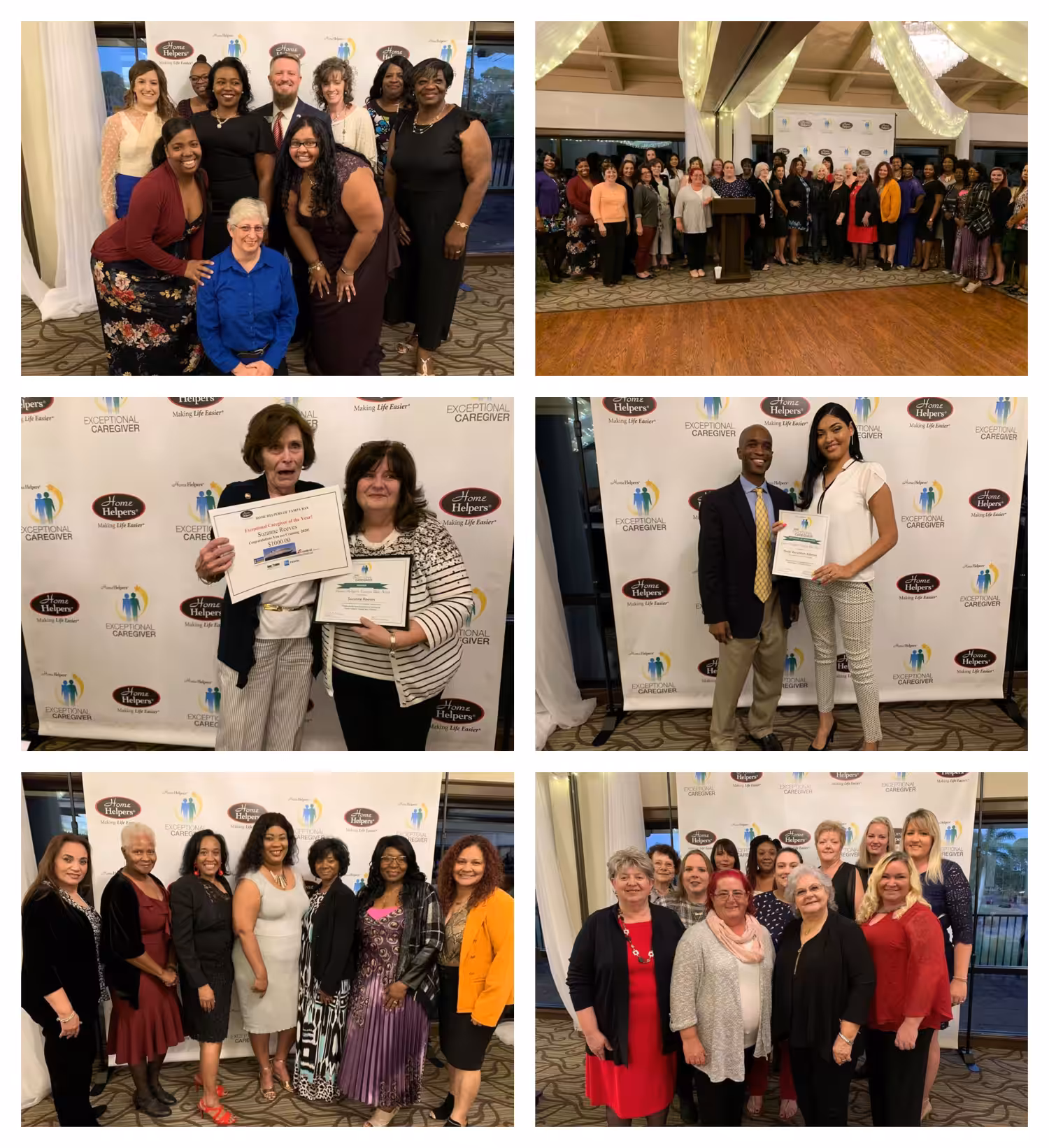 A collage of six photos shows diverse groups of people at an indoor event with awards, certificates, and group portraits, featuring attendees dressed in formal and semi-formal attire against event backdrops.