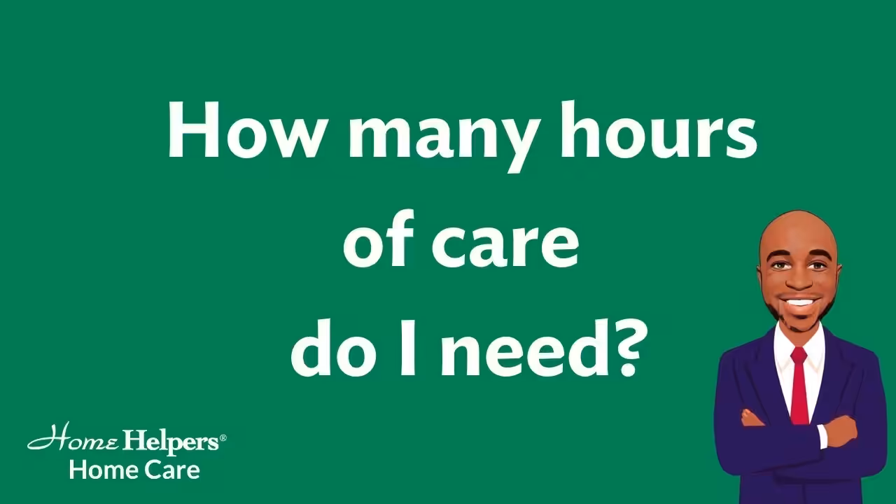 White text on a green background reads, How many hours of care do I need? In the bottom left corner is the Home Helpers Home Care logo. On the right, there is an illustrated man in a suit, smiling with arms crossed.