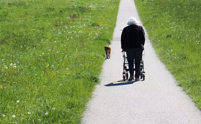 An elderly person with white hair walks on a paved path using a walker, accompanied by a small brown dog, surrounded by green grass and wildflowers.