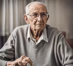 An elderly man with glasses and white hair wearing a light gray sweater over a collared shirt sits indoors, looking slightly upward with a thoughtful expression.