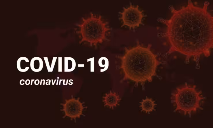 Dark background with glowing red virus illustrations and a faint world map. Large white text reads COVID-19 and smaller text below says coronavirus.