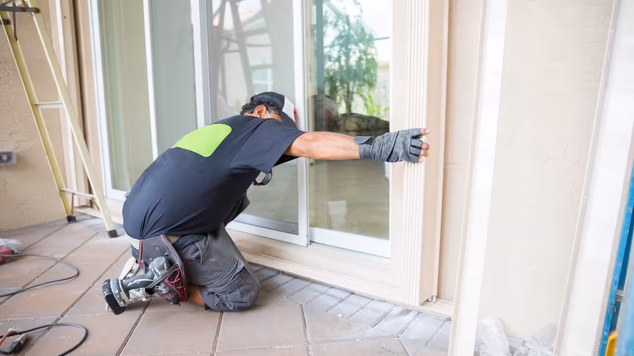 A worker wearing gloves installs a sliding glass door frame on a patio, kneeling on the tiled floor and carefully fitting the frame into place. Tools and construction materials are visible around him.
