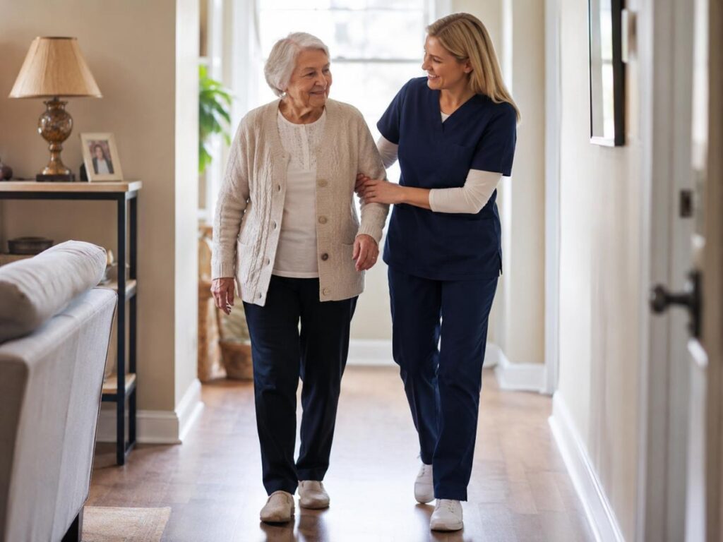 Caregiver assisting an elderly woman with safe walking at home
